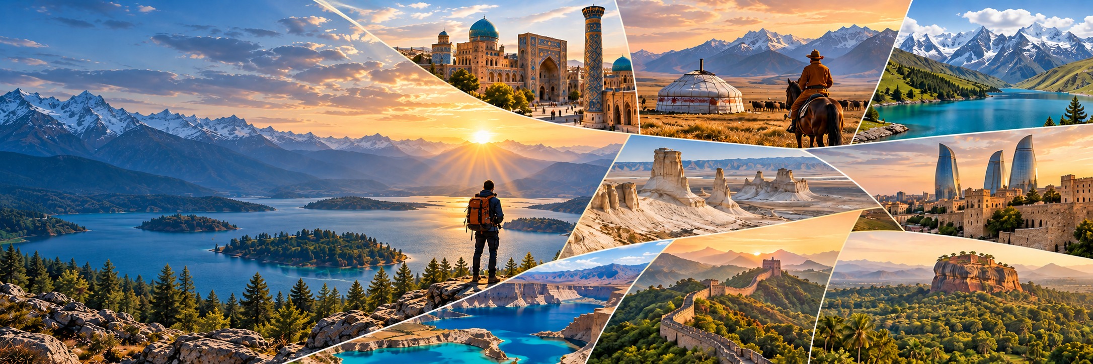 Коллаж направлений CARAVAN TRAVEL: горы и озёра, архитектура Самарканда и Баку, степи Монголии, Сигирия и Великая Китайская стена — концептуальная иллюстрация